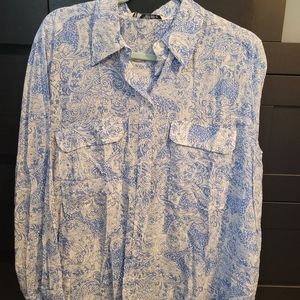 Zara white and blue print blouse